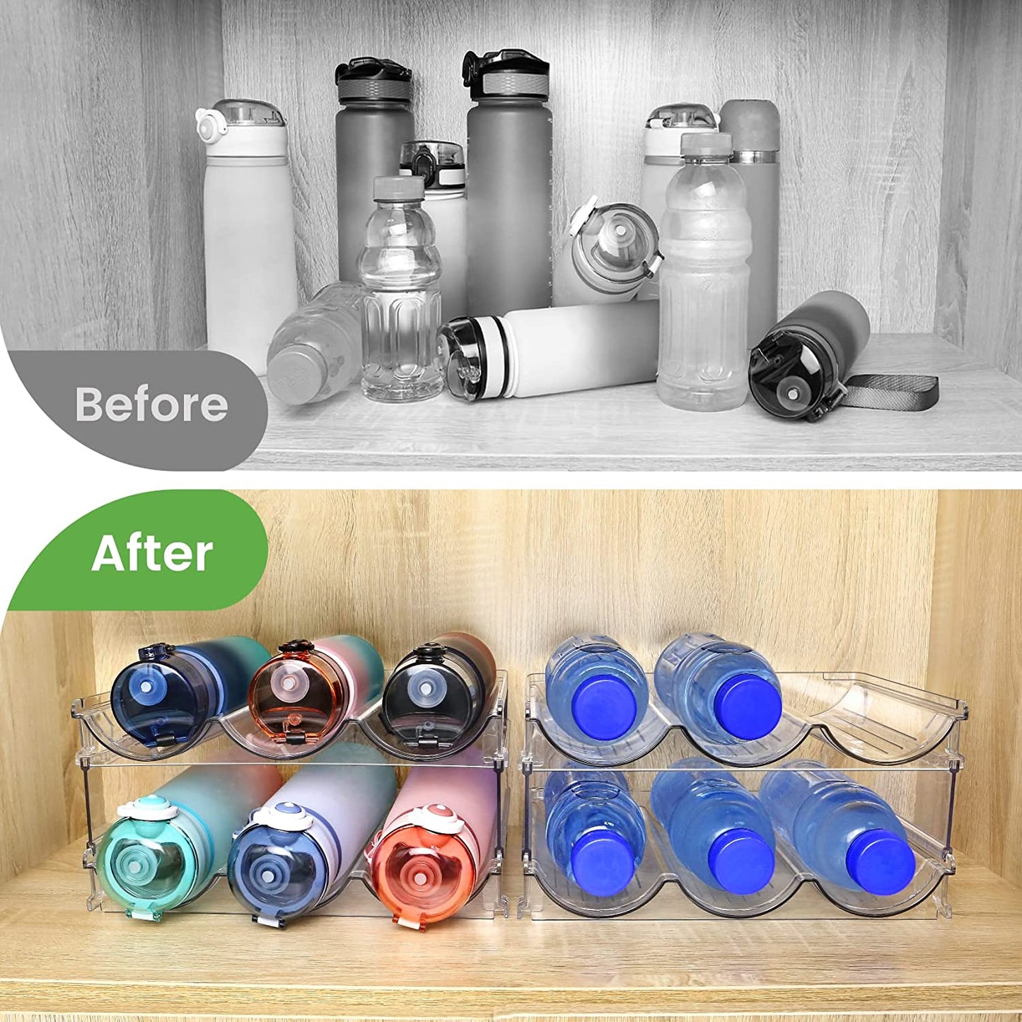 Elevate Your Organization with Our Stackable Water Bottle Storage Rack - 2 Pack Clear Acrylic Solution for Cabinets and Refrigerators