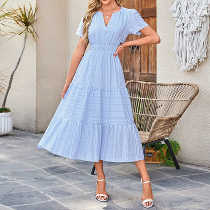 Women’S 100% Cotton Summer Maxi Dress Short Sleeve V Neck Smocked Waist Tiered Flowy Casual Beach Vacation Dress