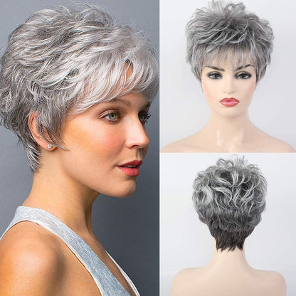 Short Curly Gray Wigs for Women Pixie Cut Wig Grey Easy-Care Human Hair Wigs for Women