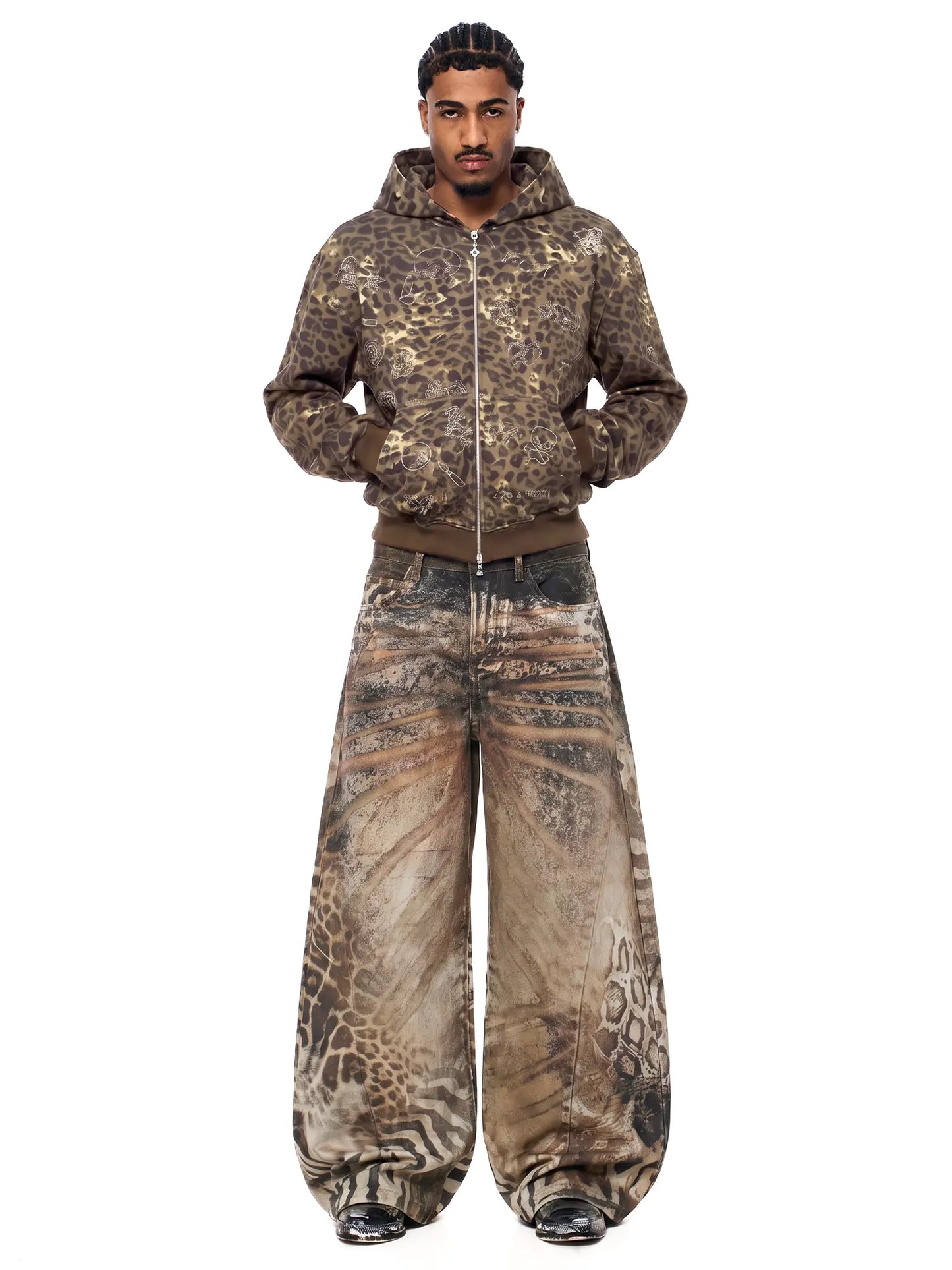 FDR Unisex Animal Print Baggy Jeans, Vintage Washed Wide Leg Barrel Pants, Leopard Pattern Loose Fit Denim Trousers, Casual Retro Style Bottoms for Everyday Wear, Streetwear & Easy Outfits #Summervibes Summerwins