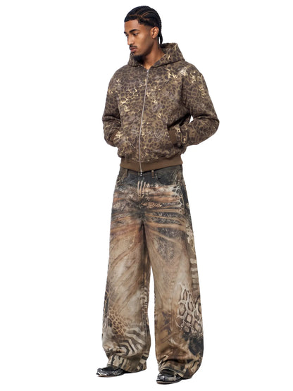 FDR Unisex Animal Print Baggy Jeans, Vintage Washed Wide Leg Barrel Pants, Leopard Pattern Loose Fit Denim Trousers, Casual Retro Style Bottoms for Everyday Wear, Streetwear & Easy Outfits #Summervibes Summerwins
