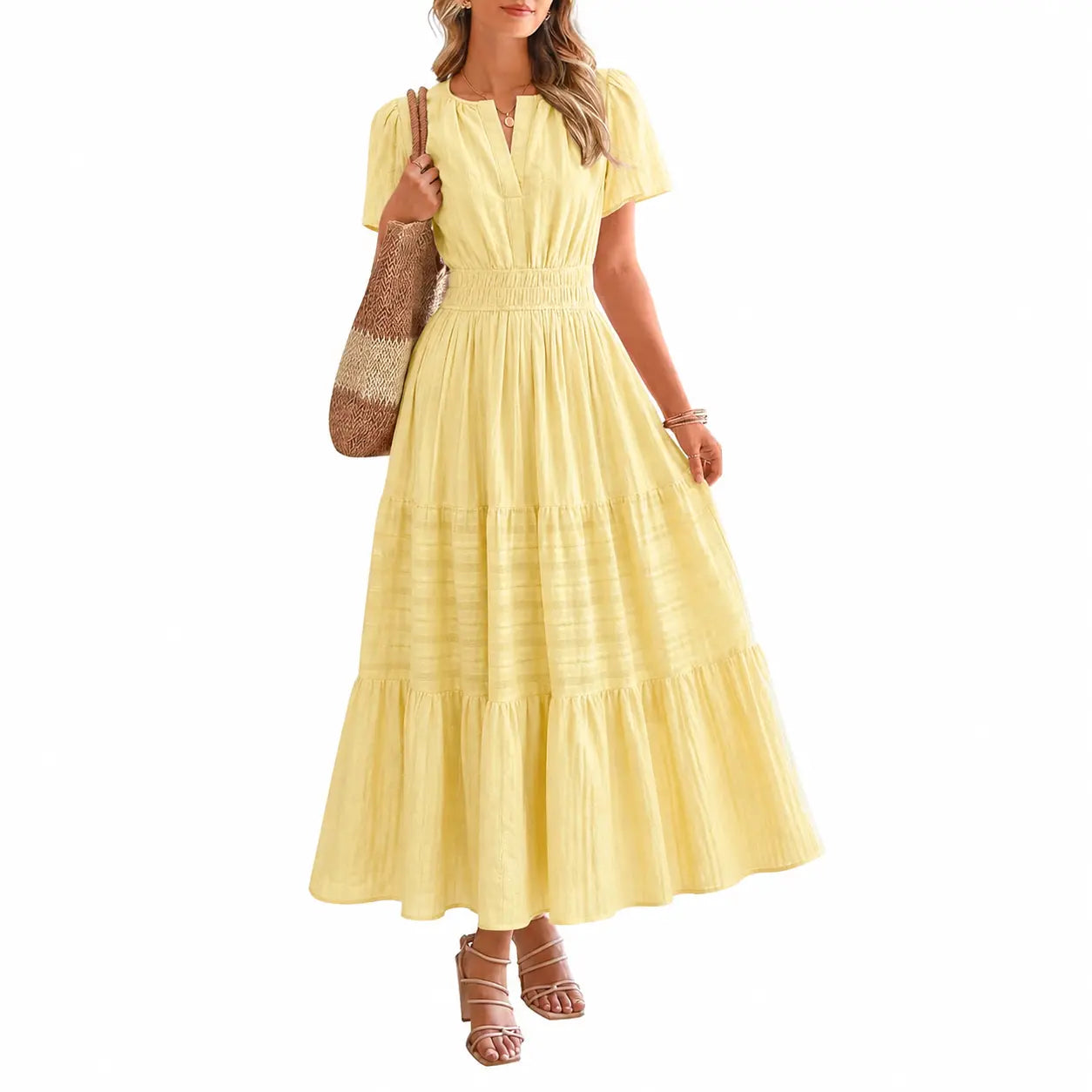 Women’S 100% Cotton Summer Maxi Dress Short Sleeve V Neck Smocked Waist Tiered Flowy Casual Beach Vacation Dress