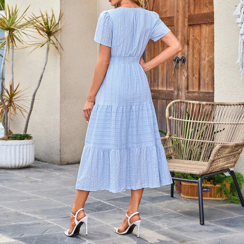 Women’S 100% Cotton Summer Maxi Dress Short Sleeve V Neck Smocked Waist Tiered Flowy Casual Beach Vacation Dress