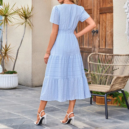 Women’S 100% Cotton Summer Maxi Dress Short Sleeve V Neck Smocked Waist Tiered Flowy Casual Beach Vacation Dress