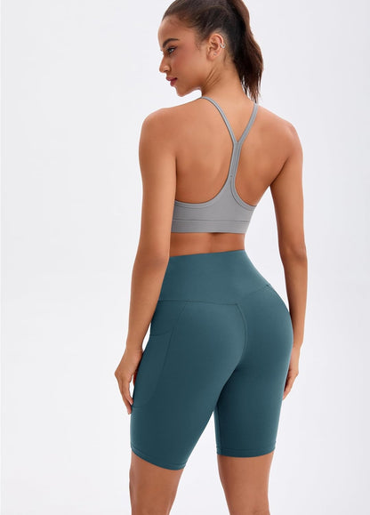 Elevate Your Workout with Oalka Women's Teal High Waist Yoga Shorts Featuring Convenient Side Pockets