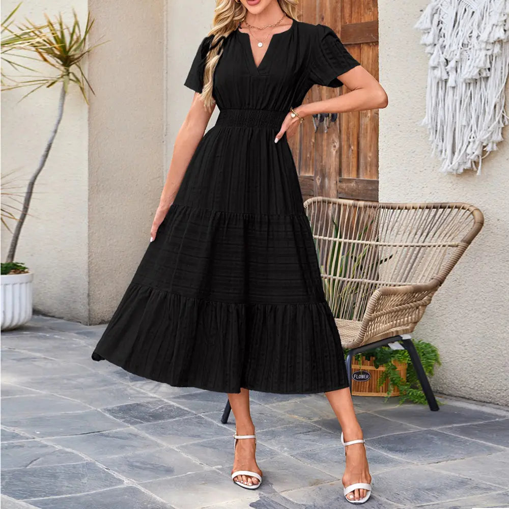 Women’S 100% Cotton Summer Maxi Dress Short Sleeve V Neck Smocked Waist Tiered Flowy Casual Beach Vacation Dress