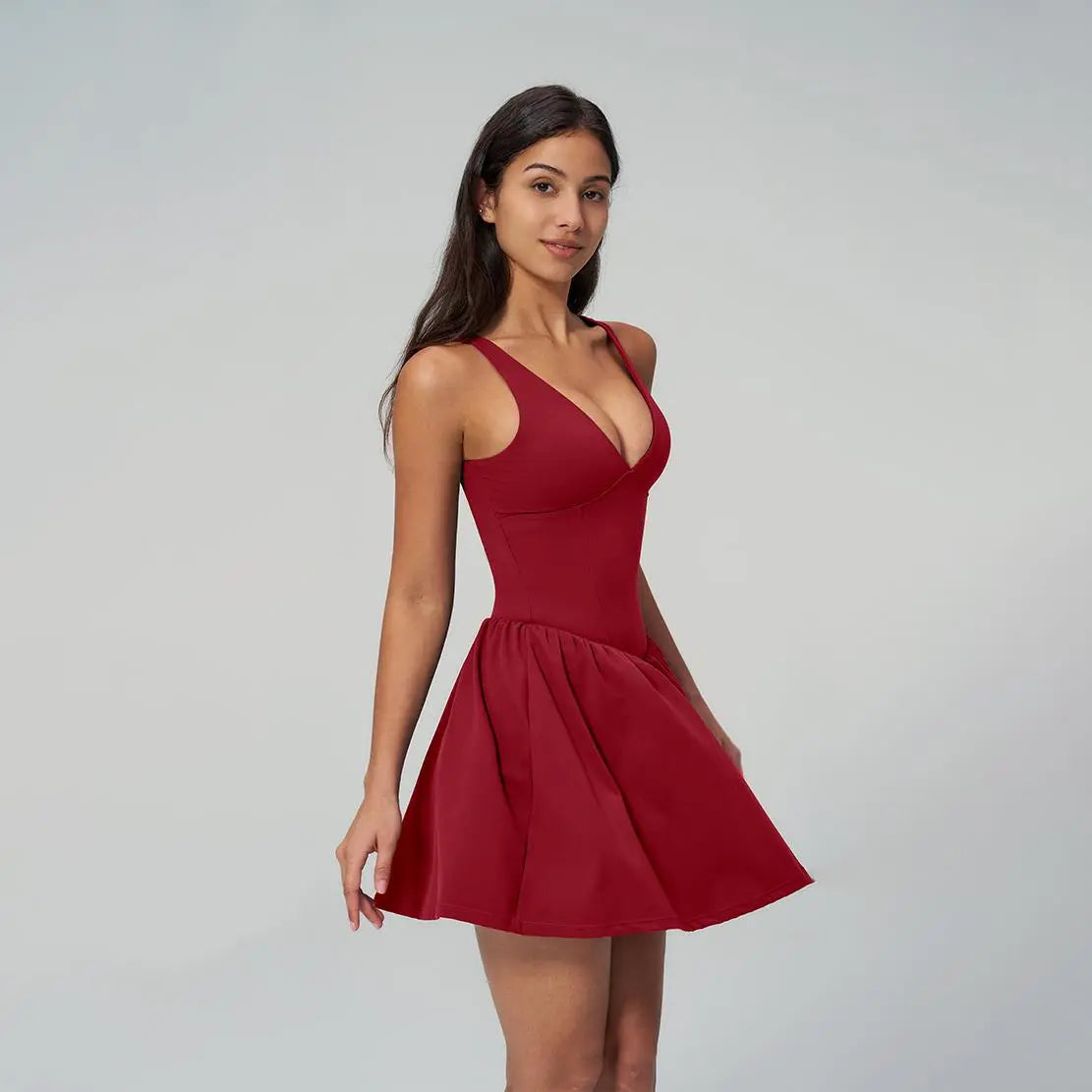 NVWA Women'S Summervibes Sexy V-Neck Strappy Sleeveless Athletic Cut Dress - Fitted Waist, Open-Back, Soft Stretch Nylon Fabric, Cooling Quick-Drying, Figure-Flattering for Casual Wear, Workouts, Dresses,Summerwins